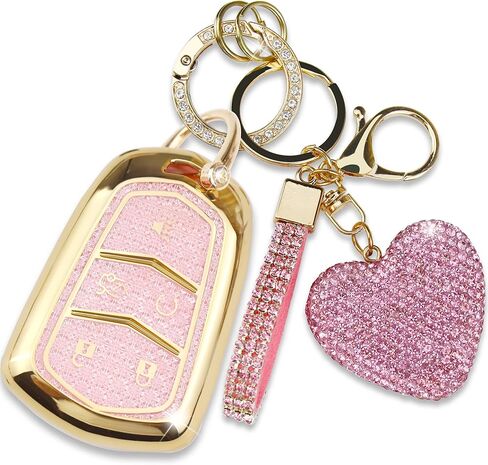 Compatible with Cadillac Key Fob Cover with Heart Keychain for Women, Compatible with Cadillac Escalade ATS CTS STS SRX XT5 CT6 Smart Remote Key Protector (5 Buttons-Black) in Saudi Arabia