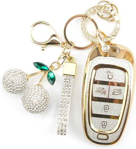 Sparkly Key Fob Cover with Cherry Keychain, Bling TPU Smart Key Case for Women, Compatible with Hyundai Tucson 2022-2024 Sonata 2019-2023 Santa Cruz 2021-2024 (5-Button, Gold Pink) in Kuwait