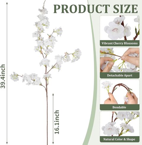 5 قطع 39.4 بوصة فرع زهر الكرز الصناعي زهور الكرز الاصطناعية وهمية زهور صناعية طويلة الجذعية لحفلات الزفاف والمنزل والمكتب وغرفة النوم والحفلات وترتيب مزهرية الربيع والديكور الداخلي in Kuwait