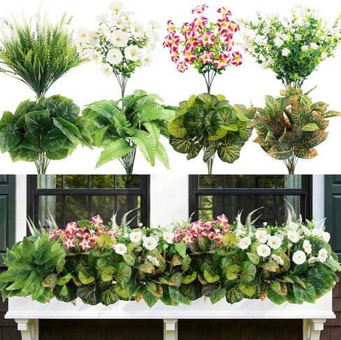 HOHOTIME نباتات صناعية في الهواء الطلق، خضرة صناعية وزهور واقعية مقاومة للأشعة فوق البنفسجية، بلاستيك بيجونيا صباح مجد الأوكالبتوس السرخس للديكورات الخارجية، فناء حديقة أمامية، ديكور ساحة الشرفة in Kuwait