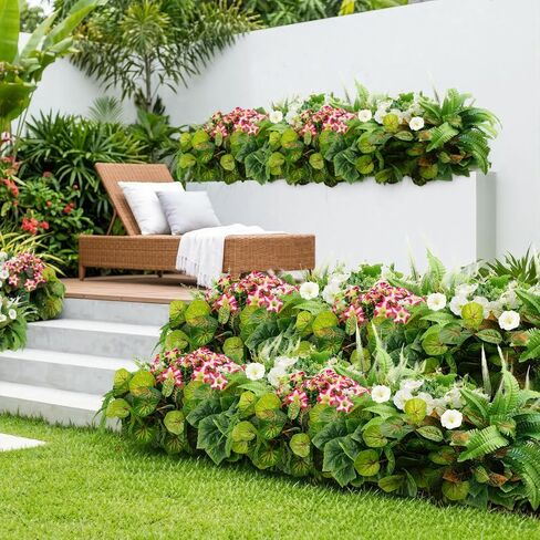 HOHOTIME نباتات صناعية في الهواء الطلق، خضرة صناعية وزهور واقعية مقاومة للأشعة فوق البنفسجية، بلاستيك بيجونيا صباح مجد الأوكالبتوس السرخس للديكورات الخارجية، فناء حديقة أمامية، ديكور ساحة الشرفة in Kuwait