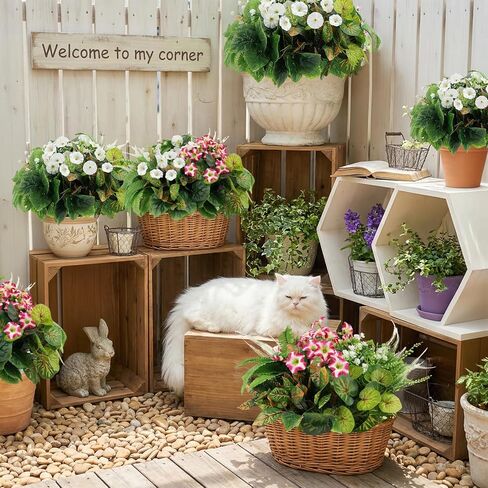 HOHOTIME نباتات صناعية في الهواء الطلق، خضرة صناعية وزهور واقعية مقاومة للأشعة فوق البنفسجية، بلاستيك بيجونيا صباح مجد الأوكالبتوس السرخس للديكورات الخارجية، فناء حديقة أمامية، ديكور ساحة الشرفة in Kuwait