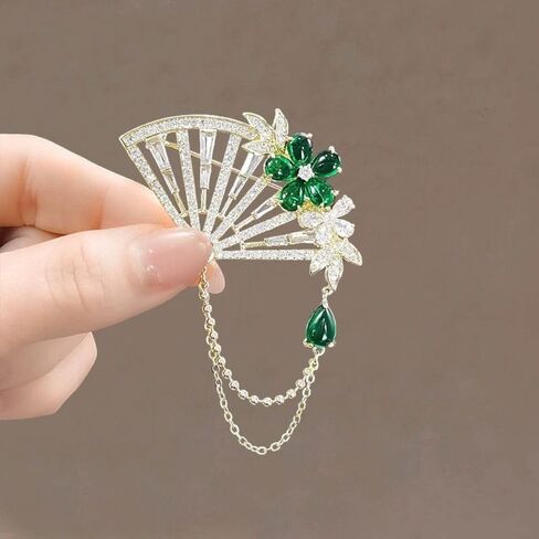Tassel Fan Brooch Chinese Style Elegant Fan Shaped Pink Peony Flower Brooch Enamel Pins(A) in Saudi Arabia