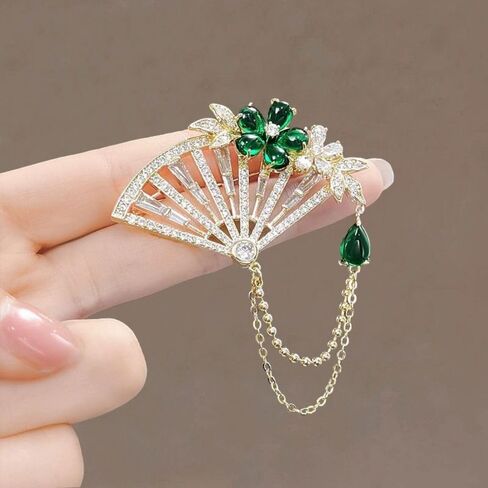 Tassel Fan Brooch Chinese Style Elegant Fan Shaped Pink Peony Flower Brooch Enamel Pins(A) in Saudi Arabia