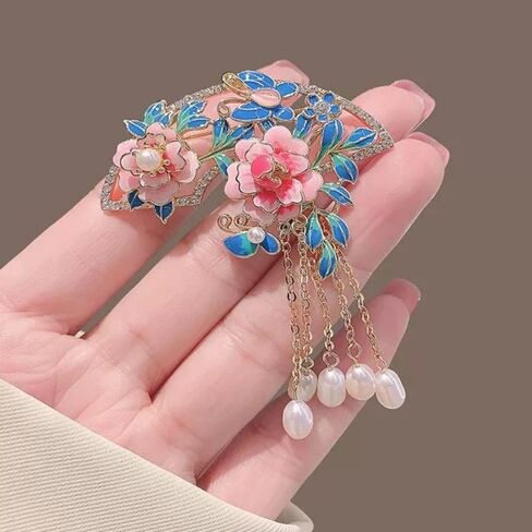 Tassel Fan Brooch Chinese Style Elegant Fan Shaped Pink Peony Flower Brooch Enamel Pins(A) in Saudi Arabia