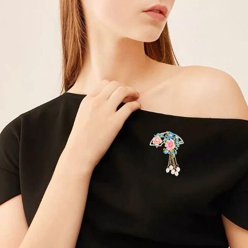 Tassel Fan Brooch Chinese Style Elegant Fan Shaped Pink Peony Flower Brooch Enamel Pins(A) in Saudi Arabia