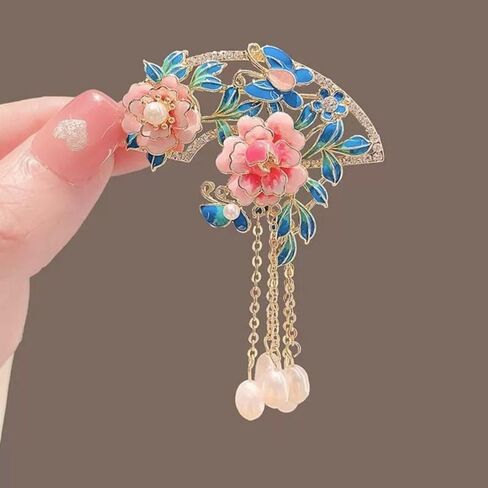 Tassel Fan Brooch Chinese Style Elegant Fan Shaped Pink Peony Flower Brooch Enamel Pins(A) in Saudi Arabia