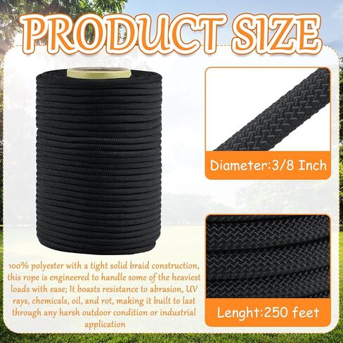 حبل بوليستر أسود بطول 3/8 بوصة، حبل صناعي عالي الجودة للأشعة فوق البنفسجية والتآكل بطول 250 قدمًا، حبل صلب منخفض التمدد للتخييم والمشي لمسافات طويلة في الأماكن المغلقة والخارجية in Kuwait