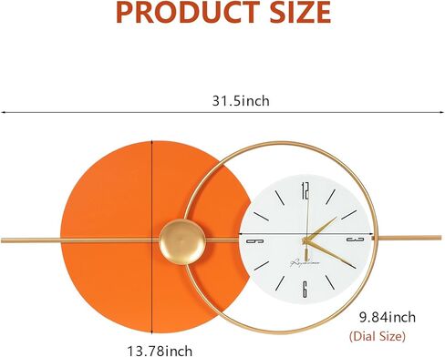 Large Wall Clock Round Decorative Art Clock Silent Battery Operated Wall Clock Modern Wall Decor Clocks for Home Living Room for Home Living Room Bedroom Kitchen Office Decoration, Gold & Orange in Saudi Arabia
