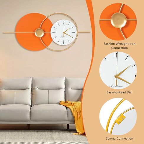 Large Wall Clock Round Decorative Art Clock Silent Battery Operated Wall Clock Modern Wall Decor Clocks for Home Living Room for Home Living Room Bedroom Kitchen Office Decoration, Gold & Orange in Saudi Arabia