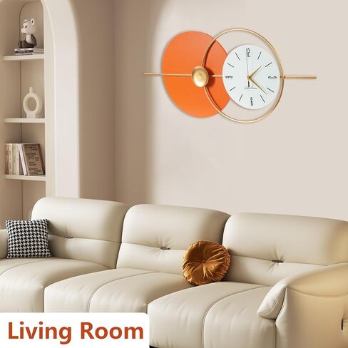 Large Wall Clock Round Decorative Art Clock Silent Battery Operated Wall Clock Modern Wall Decor Clocks for Home Living Room for Home Living Room Bedroom Kitchen Office Decoration, Gold & Orange in Saudi Arabia