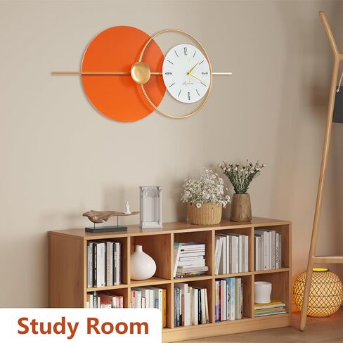 Large Wall Clock Round Decorative Art Clock Silent Battery Operated Wall Clock Modern Wall Decor Clocks for Home Living Room for Home Living Room Bedroom Kitchen Office Decoration, Gold & Orange in Saudi Arabia