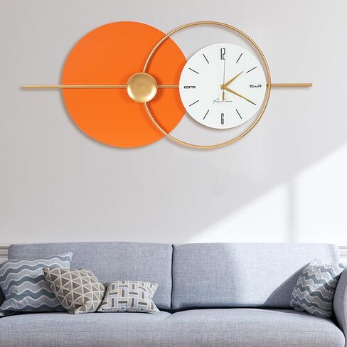 Large Wall Clock Round Decorative Art Clock Silent Battery Operated Wall Clock Modern Wall Decor Clocks for Home Living Room for Home Living Room Bedroom Kitchen Office Decoration, Gold & Orange in Saudi Arabia