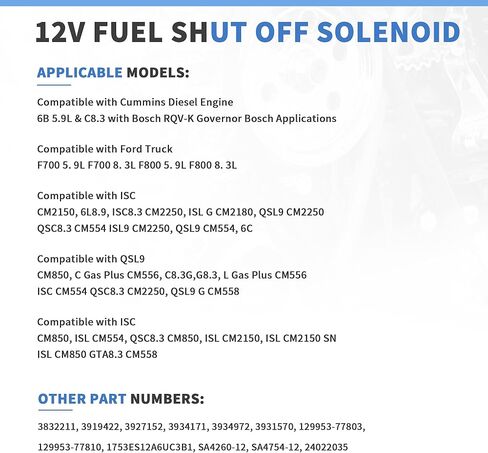 Fuel Shut Off Solenoid 3919422 Compatible with Cummins 5.9L 8.3L Diesel Engine Compatible with Ford Truck 12VDC Replace 129953-77803 SA4754-12 24022035 in Saudi Arabia