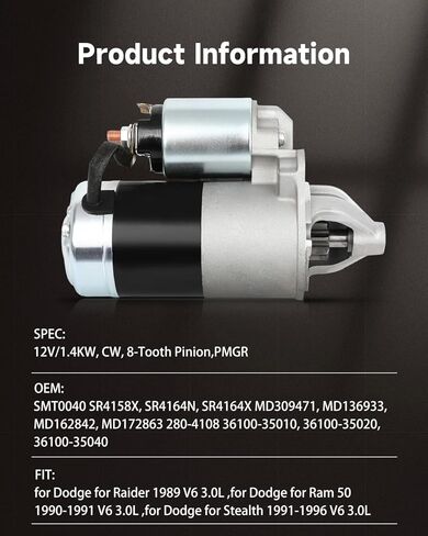 OCPTY Starter 17131 for Dodge Raider 1989 V6 3.0L for Dodge for Ram 50 1990-1991 V6 3.0L for Dodge Stealth 1991-1996 V6 3.0L w/Manual Trans Hyundai Sonata 1990-1994 V6 3.0L Mitsubishi 3000GT in Saudi Arabia