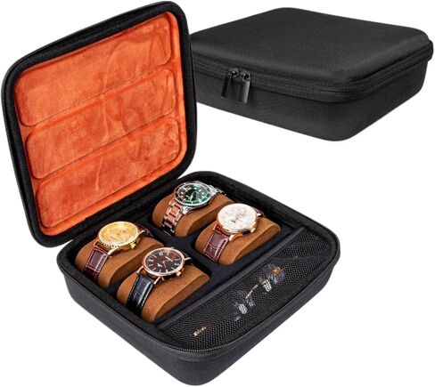 حافظة ساعة للسفر، صندوق تخزين ذو 4 فتحات بهيكل صلب لإكسسوارات نظارات الساعة، حقيبة منظمة بسحاب للنساء والرجال (الجراب فقط) in Kuwait