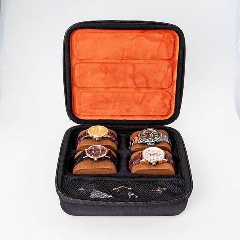حافظة ساعة للسفر، صندوق تخزين ذو 4 فتحات بهيكل صلب لإكسسوارات نظارات الساعة، حقيبة منظمة بسحاب للنساء والرجال (الجراب فقط) in Kuwait