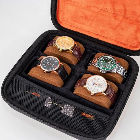 حافظة ساعة للسفر، صندوق تخزين ذو 4 فتحات بهيكل صلب لإكسسوارات نظارات الساعة، حقيبة منظمة بسحاب للنساء والرجال (الجراب فقط) in Kuwait