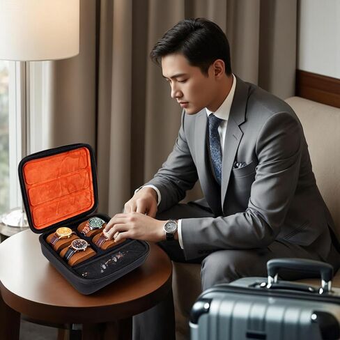 حافظة ساعة للسفر، صندوق تخزين ذو 4 فتحات بهيكل صلب لإكسسوارات نظارات الساعة، حقيبة منظمة بسحاب للنساء والرجال (الجراب فقط) in Kuwait