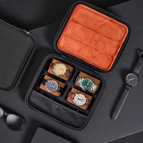 حافظة ساعة للسفر، صندوق تخزين ذو 4 فتحات بهيكل صلب لإكسسوارات نظارات الساعة، حقيبة منظمة بسحاب للنساء والرجال (الجراب فقط) in Kuwait