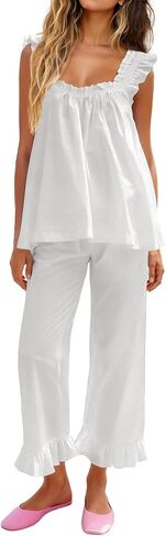 KFUBUO Womens Pajamas Set 2 Piece Ruffle Pj Soft Tank Top and Long Pants Lounge Set with Pockets Women Loungewear Set in Kuwait
