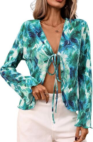 ZAFUL Women's Deep V Neck Tie Front Top Flare Sleeve Plisse Pleated Blouse Shirt Top Y2k Vintage Streetwear in Kuwait