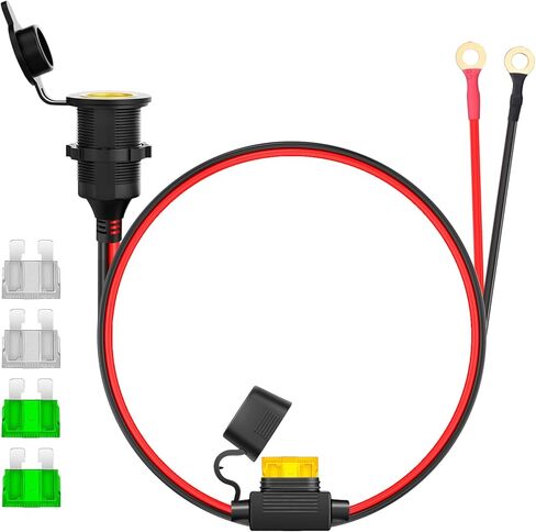 12AWG Fixed Thread Cigarette Lighter Socket Extension Cable, 6.6FT 12V/24V Cigarette Lighter Socket to O Ring Terminal Cable with Fuse Box and Spare Fuse in Saudi Arabia