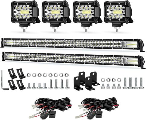 طقم شريط إضاءة LED - قطعتان شريط إضاءة 32 بوصة 300 وات، 4 قطع 4 بوصة 60 وات مصابيح LED مع قطعتين من الأسلاك، مصابيح عمل LED لشاحنة UTV ATV RV SUV Golf Tractor Cart Boat in Saudi Arabia