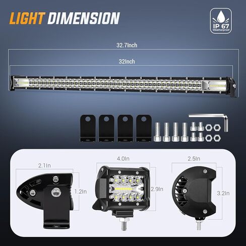 طقم شريط إضاءة LED - قطعتان شريط إضاءة 32 بوصة 300 وات، 4 قطع 4 بوصة 60 وات مصابيح LED مع قطعتين من الأسلاك، مصابيح عمل LED لشاحنة UTV ATV RV SUV Golf Tractor Cart Boat in Saudi Arabia