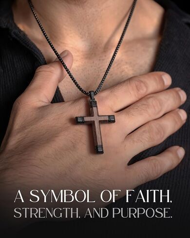 Wooden Cross Necklace for Men, Brown Ebony Masculine Mens Cross Necklaces Christian Black Stainless Steel Wood Crucifix Pendant, Includes 24-25" Box Chain in Kuwait