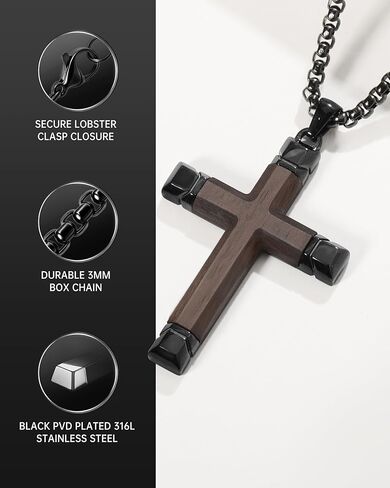 Wooden Cross Necklace for Men, Brown Ebony Masculine Mens Cross Necklaces Christian Black Stainless Steel Wood Crucifix Pendant, Includes 24-25" Box Chain in Kuwait
