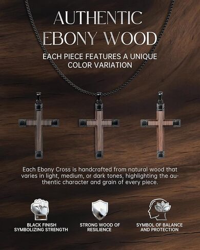 Wooden Cross Necklace for Men, Brown Ebony Masculine Mens Cross Necklaces Christian Black Stainless Steel Wood Crucifix Pendant, Includes 24-25" Box Chain in Kuwait