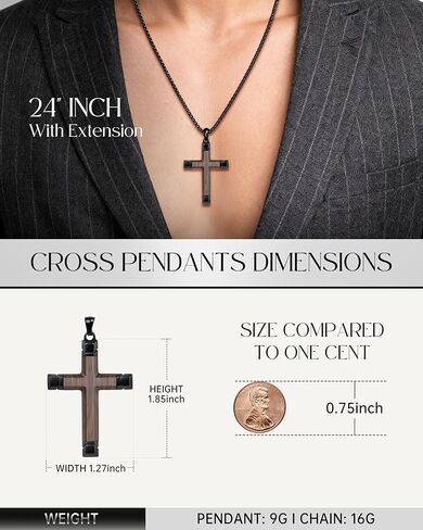 Wooden Cross Necklace for Men, Brown Ebony Masculine Mens Cross Necklaces Christian Black Stainless Steel Wood Crucifix Pendant, Includes 24-25" Box Chain in Kuwait
