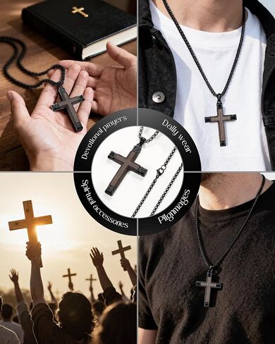 Wooden Cross Necklace for Men, Brown Ebony Masculine Mens Cross Necklaces Christian Black Stainless Steel Wood Crucifix Pendant, Includes 24-25" Box Chain in Kuwait