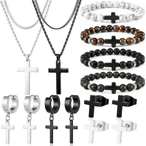 Kigeli 16 Pcs Cross Jewelry Set for Men Stainless Steel Cross Necklace Earrings Tiger Eye Bracelets Cuban Link Jewelry Gifts in Saudi Arabia