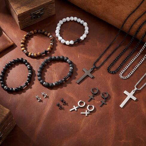 Kigeli 16 Pcs Cross Jewelry Set for Men Stainless Steel Cross Necklace Earrings Tiger Eye Bracelets Cuban Link Jewelry Gifts in Saudi Arabia
