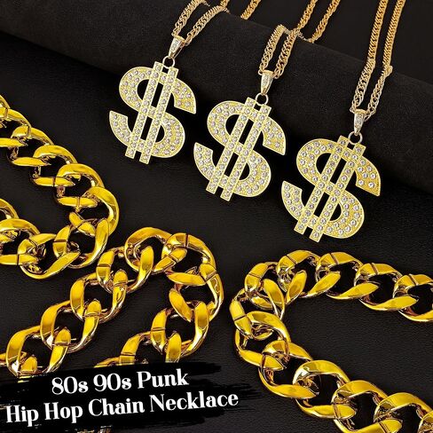 6 PCS Gold Dollar Chain Necklace for Men Women Dollar Sign Pendant Money Necklace Fake Plastic Chunky Gold Chain Set 80s 90s Punk Hip Hop Rapper Costume Accessory in Saudi Arabia
