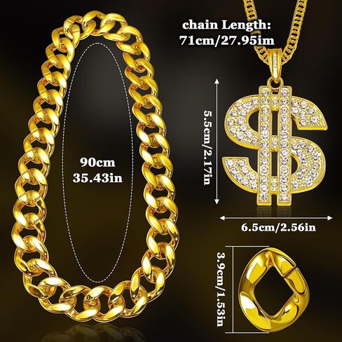6 PCS Gold Dollar Chain Necklace for Men Women Dollar Sign Pendant Money Necklace Fake Plastic Chunky Gold Chain Set 80s 90s Punk Hip Hop Rapper Costume Accessory in Saudi Arabia
