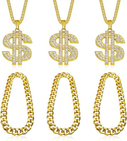 6 PCS Gold Dollar Chain Necklace for Men Women Dollar Sign Pendant Money Necklace Fake Plastic Chunky Gold Chain Set 80s 90s Punk Hip Hop Rapper Costume Accessory in Saudi Arabia