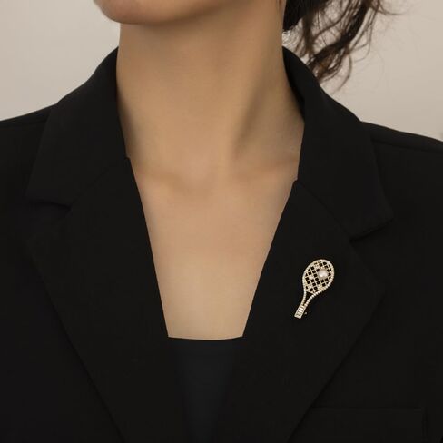 Kokoma Dainty Tennis Racket Brooch Badge for Women, Gold-Tone Pearl Crystal Tennis Sports Lapel Pin Scarf Shawl Clip for Cloth Dress Accessory Jewelry in Saudi Arabia