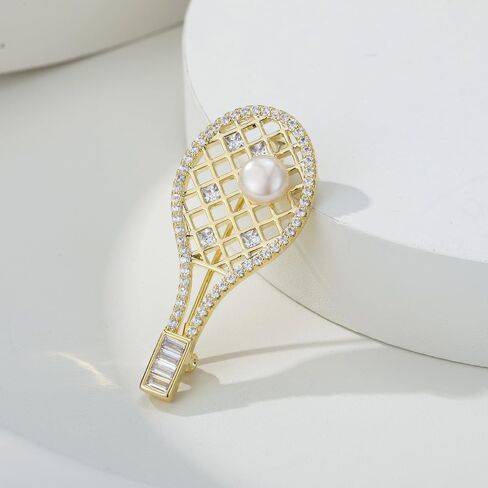 Kokoma Dainty Tennis Racket Brooch Badge for Women, Gold-Tone Pearl Crystal Tennis Sports Lapel Pin Scarf Shawl Clip for Cloth Dress Accessory Jewelry in Saudi Arabia