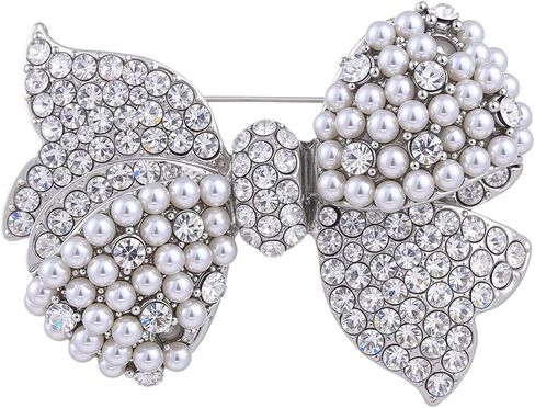 بروش على شكل فيونكة مع دبوس فيونكة من الكريستال اللامع وحجر الراين واللؤلؤ للنساء مجوهرات الحفلات لحفلات الزفاف أو البلوزة أو الوشاح أو القبعة in Kuwait