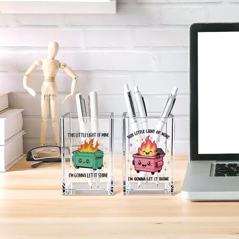 This Little Light Of Mine I'm Gonna Let It Shine Funny Acrylic Cosmetic Pencil Pen Holder Cup Set 2, Cute Dumpster Fire Pen Holder for Desk Office, Mental Health Gifts for Women Men Teachers in Kuwait
