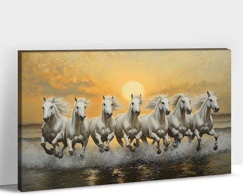 ANRUOXI الحصان صور جدار ديكور، 7 الخيول تشغيل جدار الفن فاستو مع الإطار، ملصقات الحصان قماش جدار الفن، سبعة خيول تشغيل اللوحة فاستو شاسترا لغرفة المعيشة مكتب جاهز للتعليق 12 × 18 بوصة in Kuwait