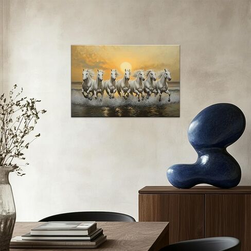 ANRUOXI الحصان صور جدار ديكور، 7 الخيول تشغيل جدار الفن فاستو مع الإطار، ملصقات الحصان قماش جدار الفن، سبعة خيول تشغيل اللوحة فاستو شاسترا لغرفة المعيشة مكتب جاهز للتعليق 12 × 18 بوصة in Kuwait
