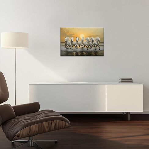 ANRUOXI الحصان صور جدار ديكور، 7 الخيول تشغيل جدار الفن فاستو مع الإطار، ملصقات الحصان قماش جدار الفن، سبعة خيول تشغيل اللوحة فاستو شاسترا لغرفة المعيشة مكتب جاهز للتعليق 12 × 18 بوصة in Kuwait