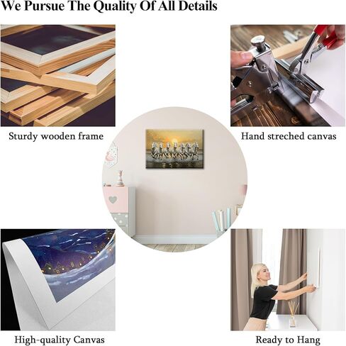 ANRUOXI الحصان صور جدار ديكور، 7 الخيول تشغيل جدار الفن فاستو مع الإطار، ملصقات الحصان قماش جدار الفن، سبعة خيول تشغيل اللوحة فاستو شاسترا لغرفة المعيشة مكتب جاهز للتعليق 12 × 18 بوصة in Kuwait