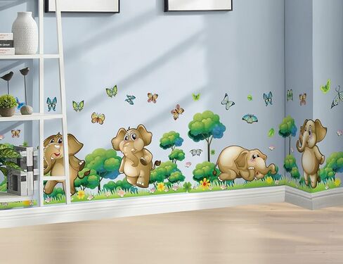 Jungle Animals Elephant Wall Decals Butterfly Wall Stickers Forest Animal Tree Garden Plants Flowers Grass Wall Decor Peel and Stick Cute Cartoon Animal Vinyl Wallpaper for Bedroom Decor in Saudi Arabia