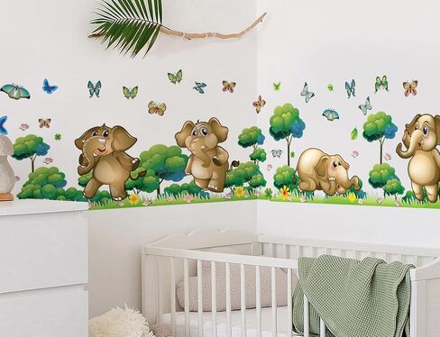 Jungle Animals Elephant Wall Decals Butterfly Wall Stickers Forest Animal Tree Garden Plants Flowers Grass Wall Decor Peel and Stick Cute Cartoon Animal Vinyl Wallpaper for Bedroom Decor in Saudi Arabia