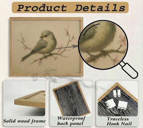 Framed Vintage Sparrow Canvas Wall Art Bird Portrait Wall Decor Picture Beige Rustic Minimalist Poster Print Painting for Rural Farmhouse Living Room And Bedroom Home Decoration in Saudi Arabia